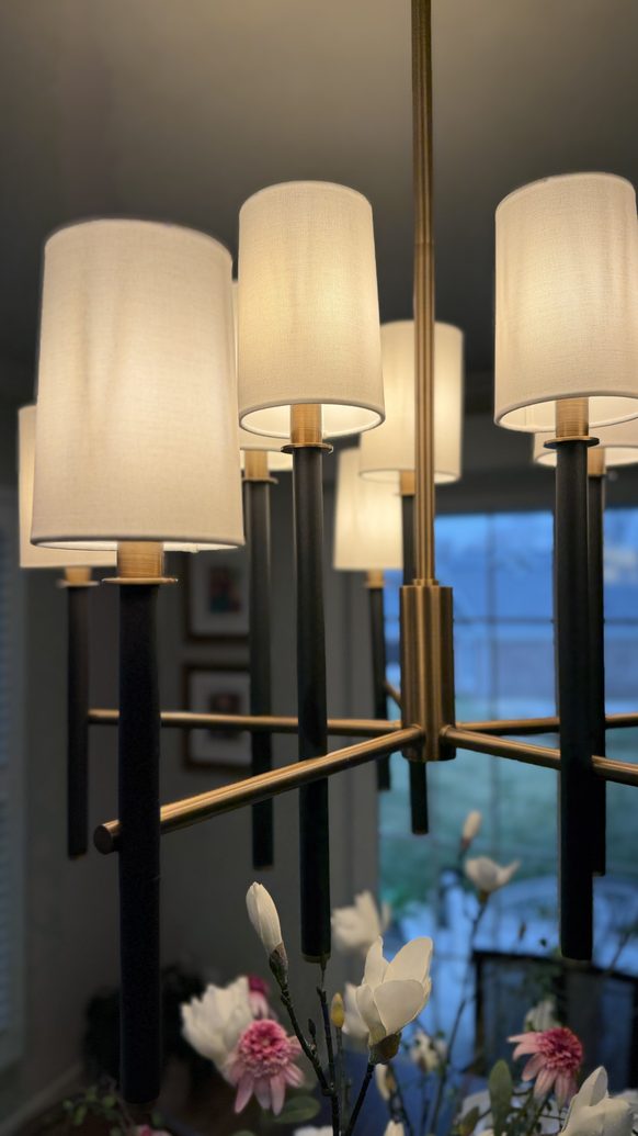 Detail of a blackened steel and brass chandelier with linen shades above the dining table