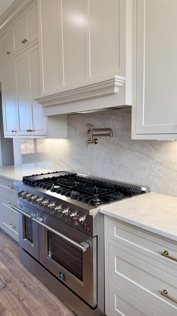 Professional gas range beneath a custom hood with a marble slab backsplash