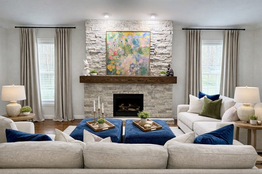 Living room centred on a stacked stone fireplace with navy velvet accents