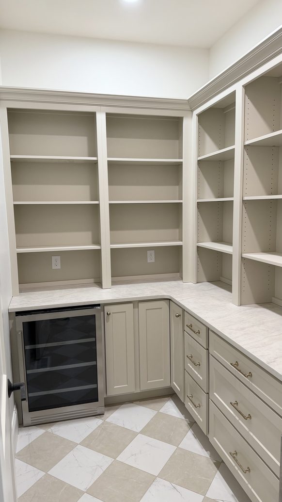 Custom pantry shelving and cabinetry with a beverage refrigerator