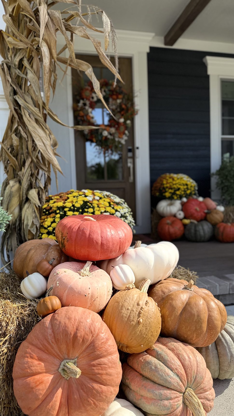 Front porch styled for autumn with heirloom pumpkins, mums and cornstalks